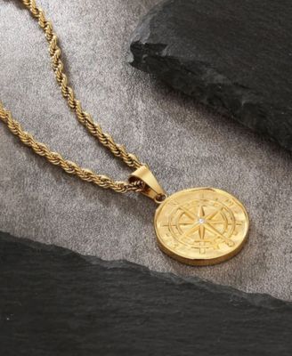 Men's Stainless Steel Compass Coin Pendant Necklace in 18k Gold Plated