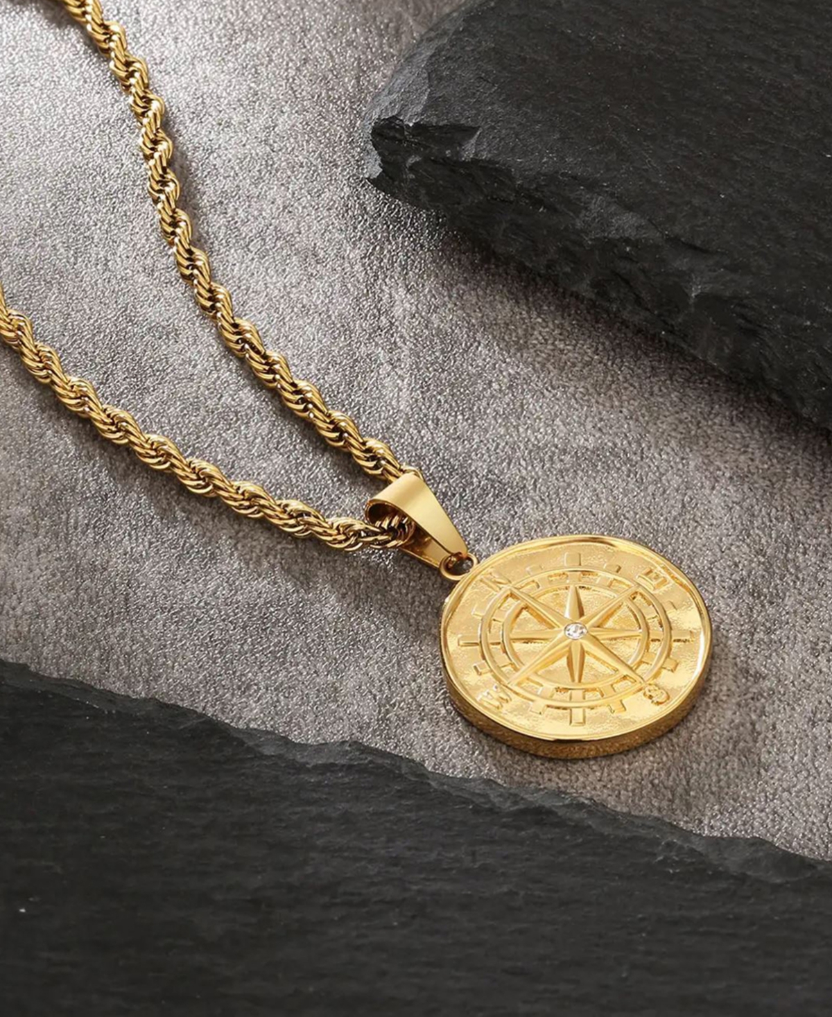 Rhona Sutton Men's Stainless Steel Compass Coin Pendant Necklace in 18k Gold Plated