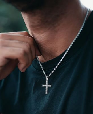 Men's Cross Pendant Necklace in 14k White Gold Plated Sterling Silver
