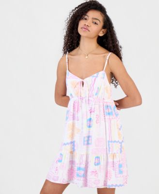 Juniors' Printed Babydoll Tie-Front Mini Dress