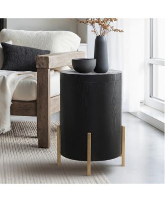 Black MDF Round Side Table, 21.8” Tall with Metal Stand & Storage