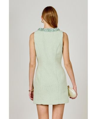 Women's Tweed Racerback Floral Trim Mini Dress