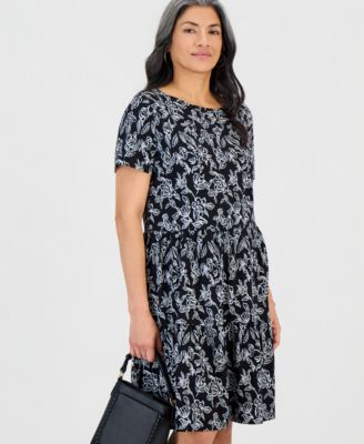 Petite Printed Short-Sleeve Tiered Knit Dress