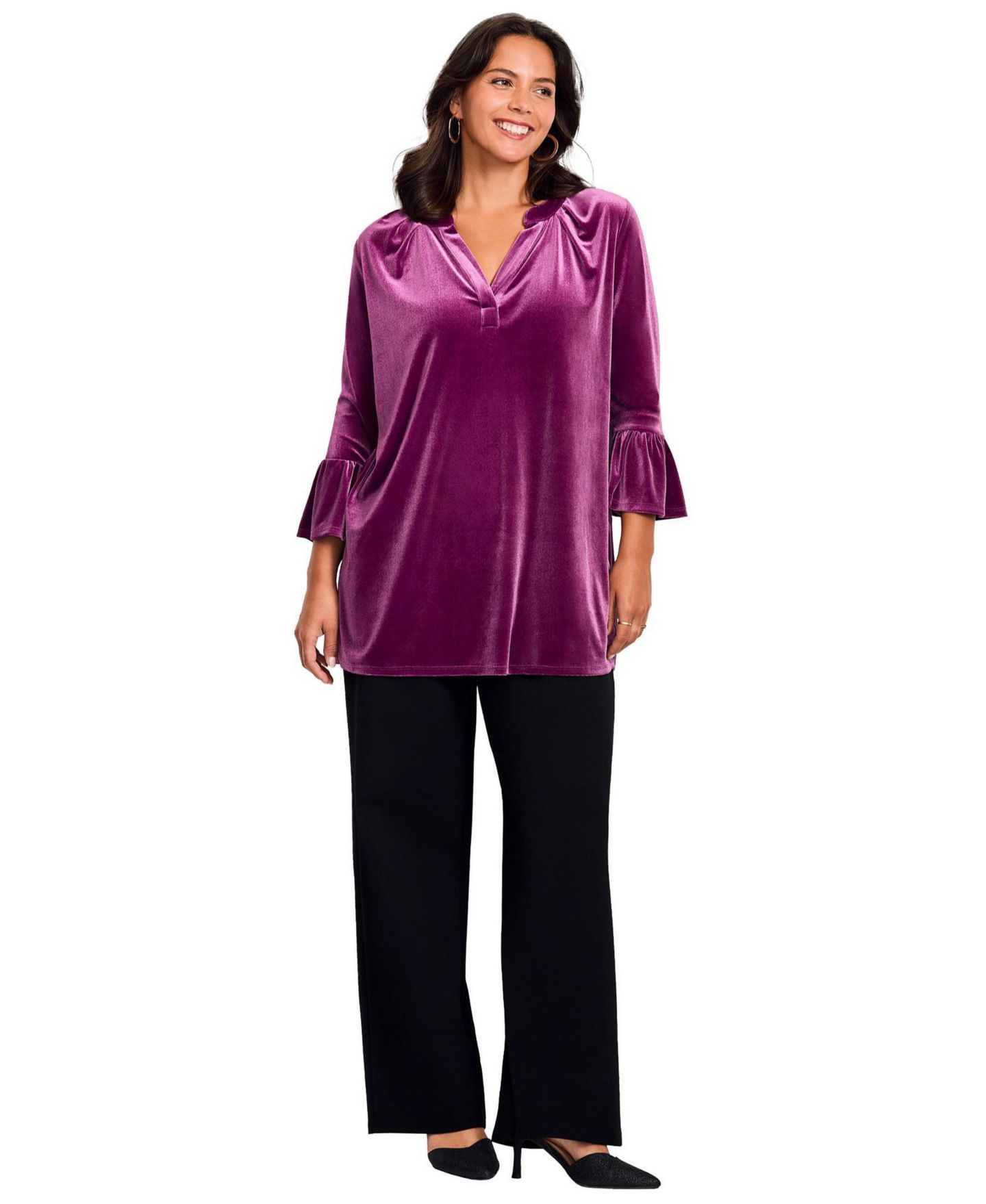 Женский топ Avenue Plus Size Split Neck Bell Sleeve, цвет: Глубокий ягодный — фото 1