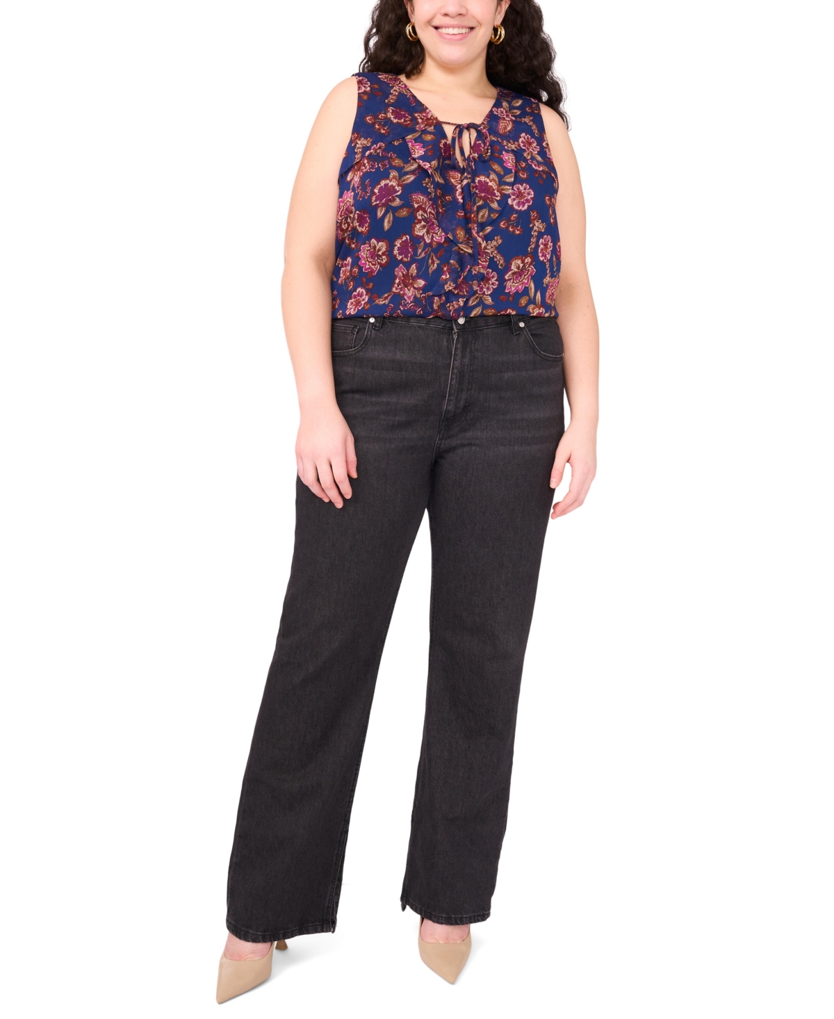 Vince Camuto Plus Sleeveless V-Neck Printed Blouse