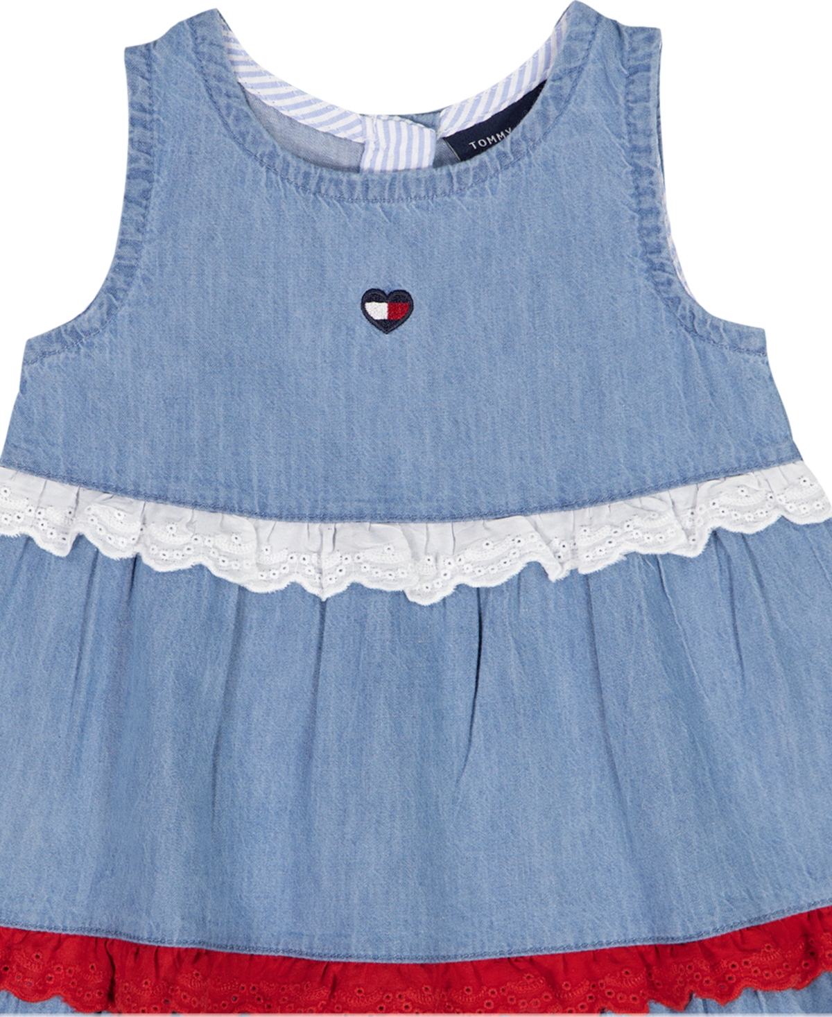 Tommy Hilfiger Baby Girls' Pom-pom Trim Denim A-line Dress and Diaper Cover, 2-Piece Set