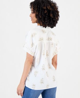 Petite Cotton Printed Collared Popover Top