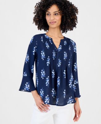 Petite Printed V-Neck Pintuck-Front Top