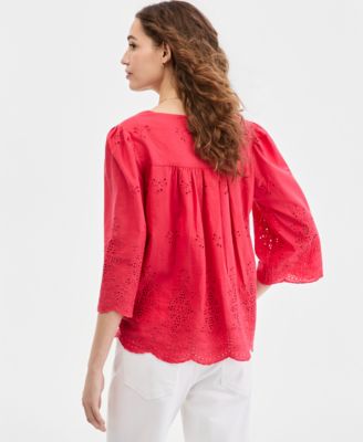 Women's Eyelet-Embroidered 3/4-Sleeve Top