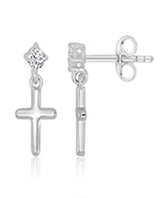 Cubic Zirconia Cross Dangling Earrings in Rhodium Over Sterling Silver