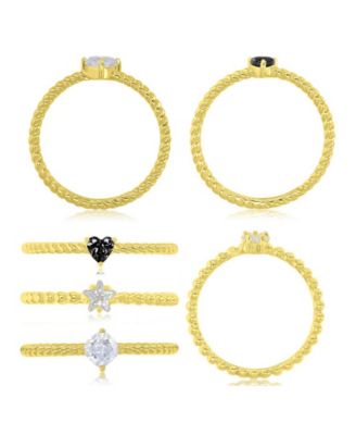 Black Cubic Zirconia Heart, Flower & Cushion Cut Ring in 14k Yellow Gold Over Sterling Silver