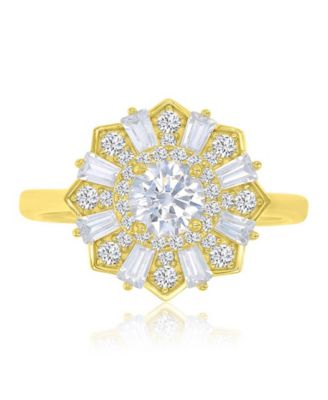 Cubic Zirconia Sunburst Ring in 14k Yellow Gold Over Sterling Silver