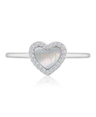 Cubic Zirconia and Imitation Pearl Heart Ring in Rhodium Over Sterling Silver