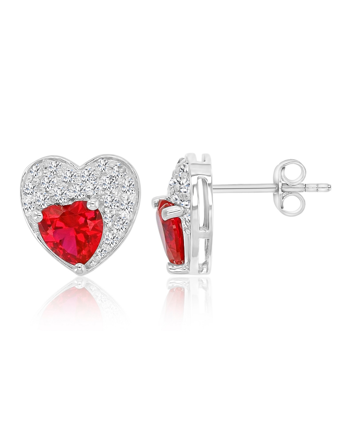 Macy's Created White Sapphire and Ruby Paved Heart Stud Earrings in Rhodium Over Sterling Silver