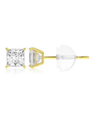 White Swarovski Zirconia Solitaire Earrings in 14k Yellow Gold