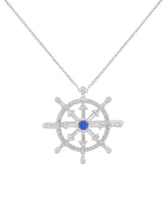Diamond Accent & Created Blue Sapphire Rudder Necklace in Rhodium Over Sterling Silver