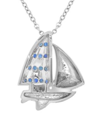 Created Blue Sapphire Ship Necklace in Rhodium Over Sterling Silver