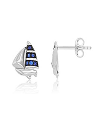 Created Blue Sapphire Ship Stud Earrings in Rhodium Over Sterling Silver