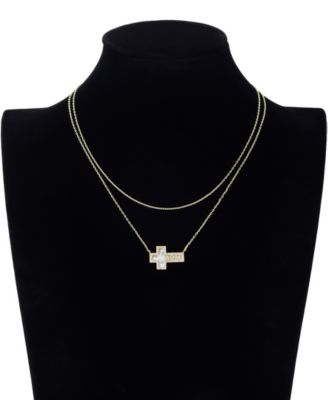 Cubic Zirconia and Mother of Pearl Mom Cross Pendant Layered Necklace Set