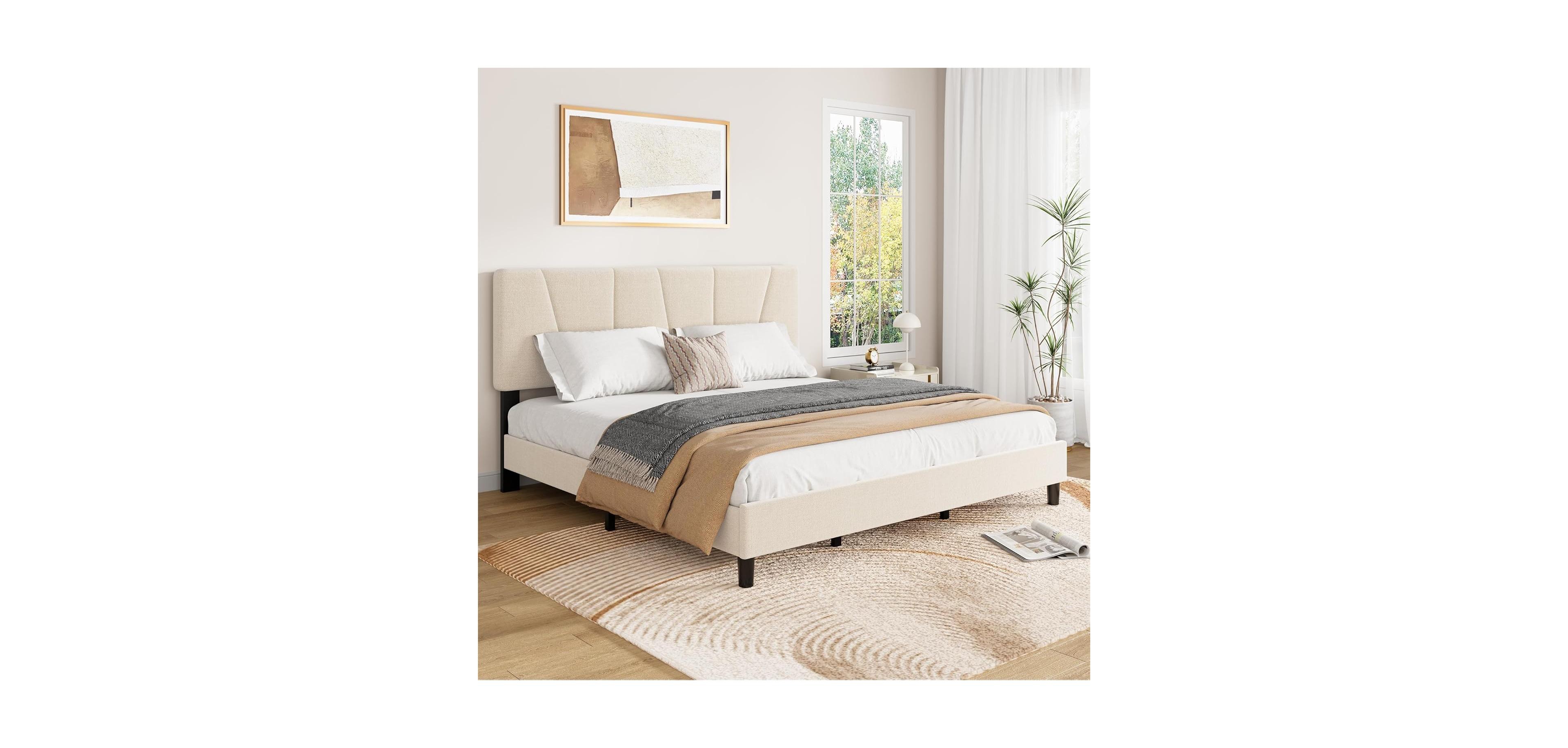 gaomon Wooden Platform Bed Frame with Storage Headboard & Raised Footboard