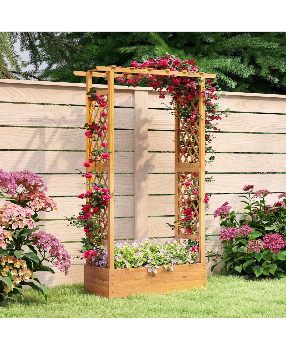 Slickblue Wood Raised Garden Bed 70" with Lattice Trellis for Plants