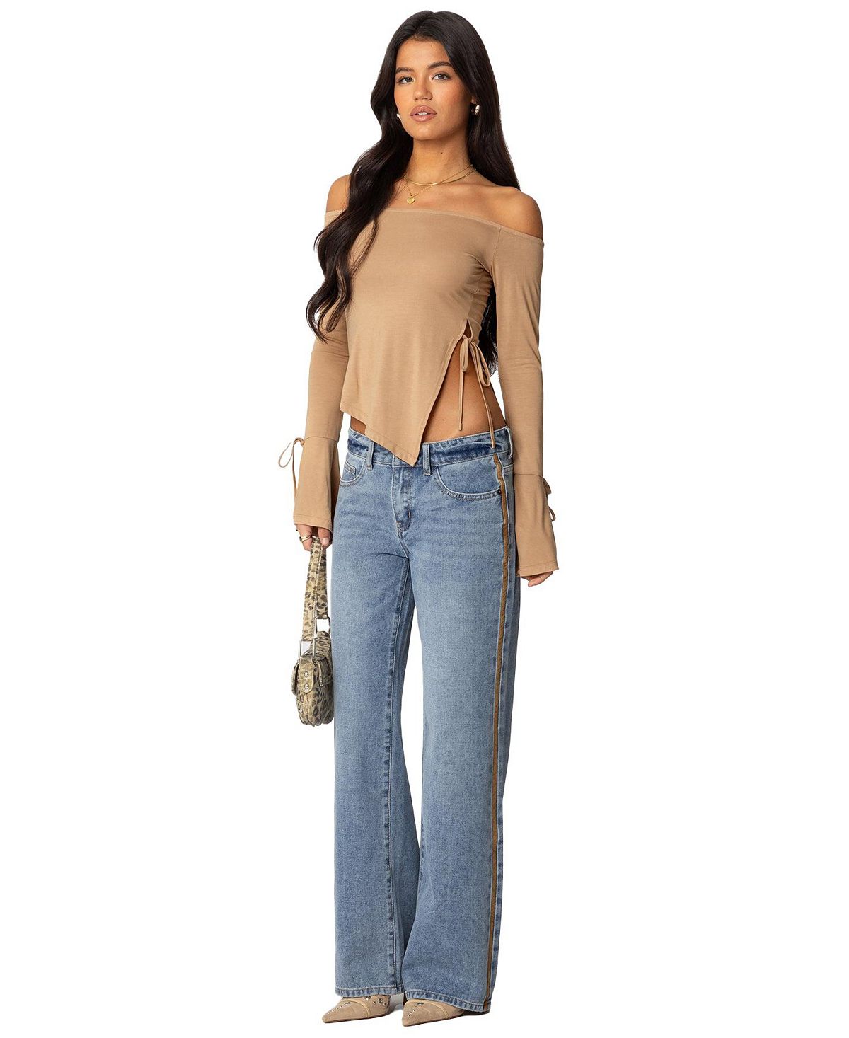 Edikted Women's Faux Suede Stripe Low Rise Straight Leg Jeans view 5 — MAYCSS fashion products