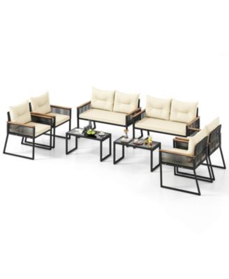 Set Of 8 Patio Furniture Set w/Tempered Glass Coffee Table PE Wicker Rattan Chairs