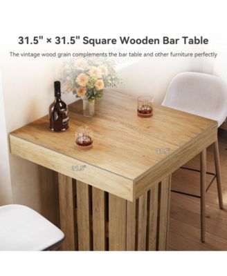 31.5" Square Oak Counter Height Table, Rustic Railing Leg Design Bar Table