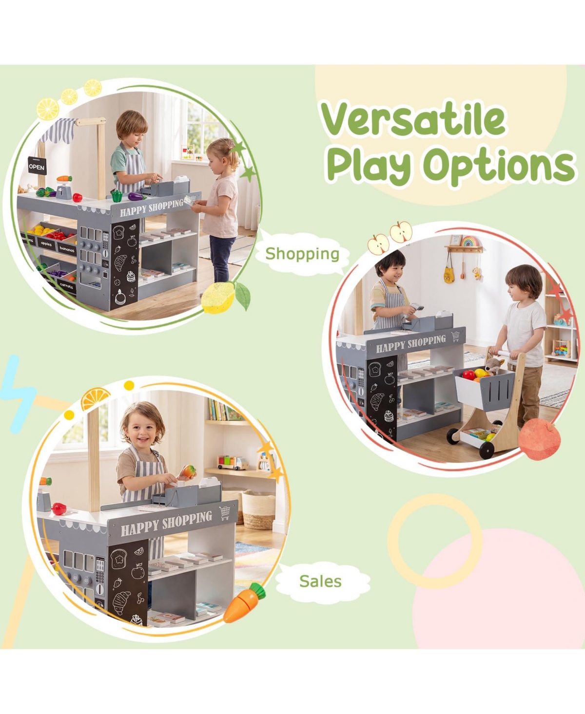 Mecale Wooden Kids Grocery Store Playset Pretend Supermarket with Shopping Cart