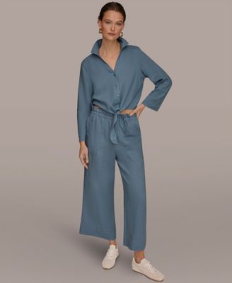 Women's Linen Roll Tab Sleeve Button Front Tie Blouse