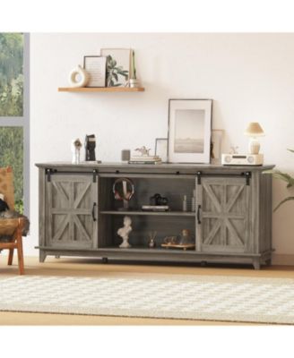 66" Wood Power-Outlet Sliding-Barn-Door Adjustable-Shelf Sideboard Buffet Cabinet