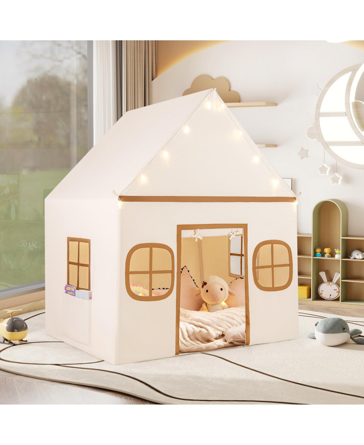 Mecale Large Kids Play Tent Playhouse with Door Curtain, Windows, and Star Lights