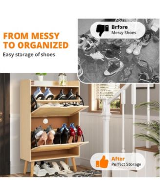 Slim Rattan 2 Drawer Anti Tip Hidden Shoe Storage Cabinet