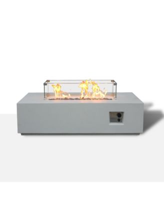 52 Inch Outdoor Rectangle Concrete Propane Fire Pit Table Antique White Glass Fiber Reinforced GFRC Adjustable Flame