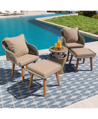 5 Piece Brown Patio Conversation Set with Rope Weaving Chairs Cool Bar Table Ottomans for Porch Poolside