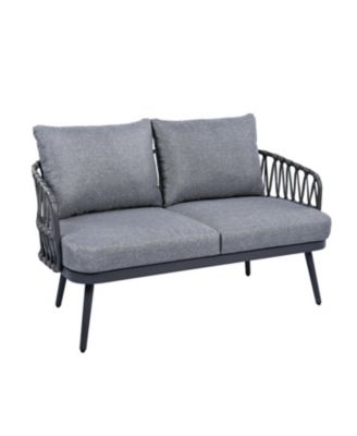 4 Piece Outdoor Patio Conversation Set with Metal Rope Backrest Chairs Coffee Table Thick Cushions  for Garden Poolside