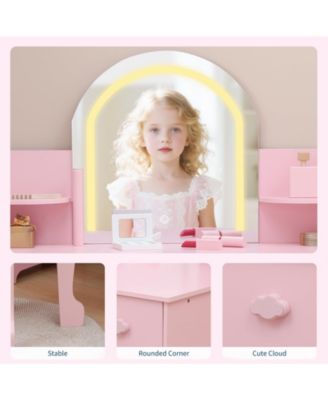 Kids Vanity with Lighted Mirror & Stool, Little Girls Vanity with Adjustable LED Light
