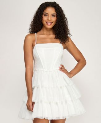 Junior's Tulle Pleated Tiered Dress