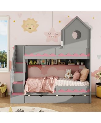 Bed House and Drawer, Staircase, LED, Twin Over Twin