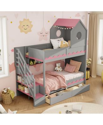 Bed House and Drawer, Staircase, LED, Twin Over Twin