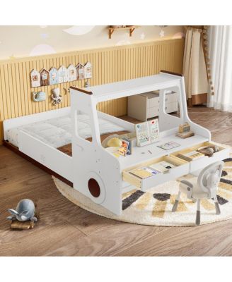 Car-Shape Floor Bed with Storage, Window & Desk, Twin Size