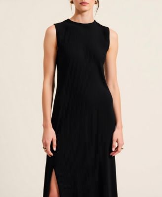 Women's Sleeveless Ribbed Knit Crewneck Side Slit Midi Dress