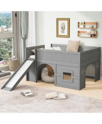 Full Size Wooden Low Loft Bed with Storage, Slide, Door, Window