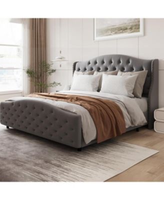 Size Velvet Bed Frame with Headboard and Footboard, Tufted Wingback Headboard Upholstered Platform Bed Strong Wooden Slats Easy Assembly