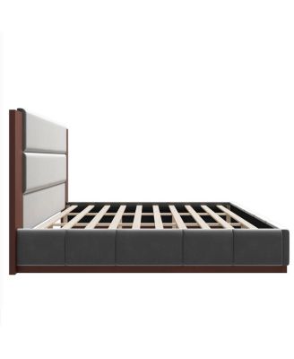 Velvet Upholstered King Bed Frame with Extended Wood Headboard