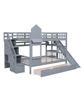 Full-Over-Full Castle Bunk Bed w/ Drawers, Shelves & Slide