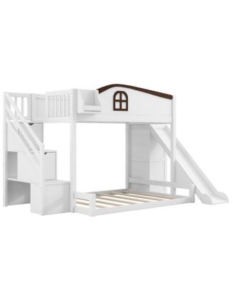 Streamdale Twin over Full Bunk Bed w/Storage Stairs, Shelf, Slide, Wardrobe