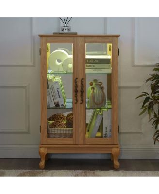 Elegant Light Oak Curio Cabinet with Glass Doors, LED