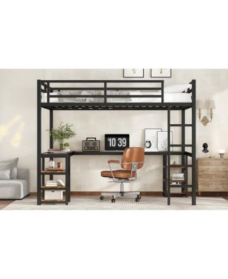 Twin XL Metal Loft Bed with Desk, Shelves, Ladder & Guardrails