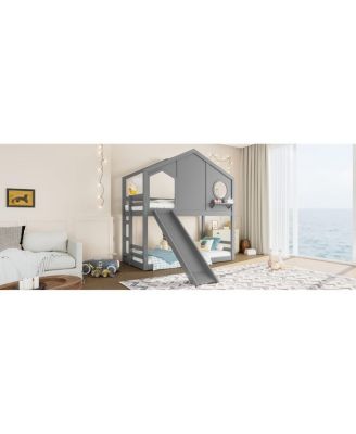 Twin House Bunk Bed with Slide & Storage Shelves, Solid Wood Loft Bed